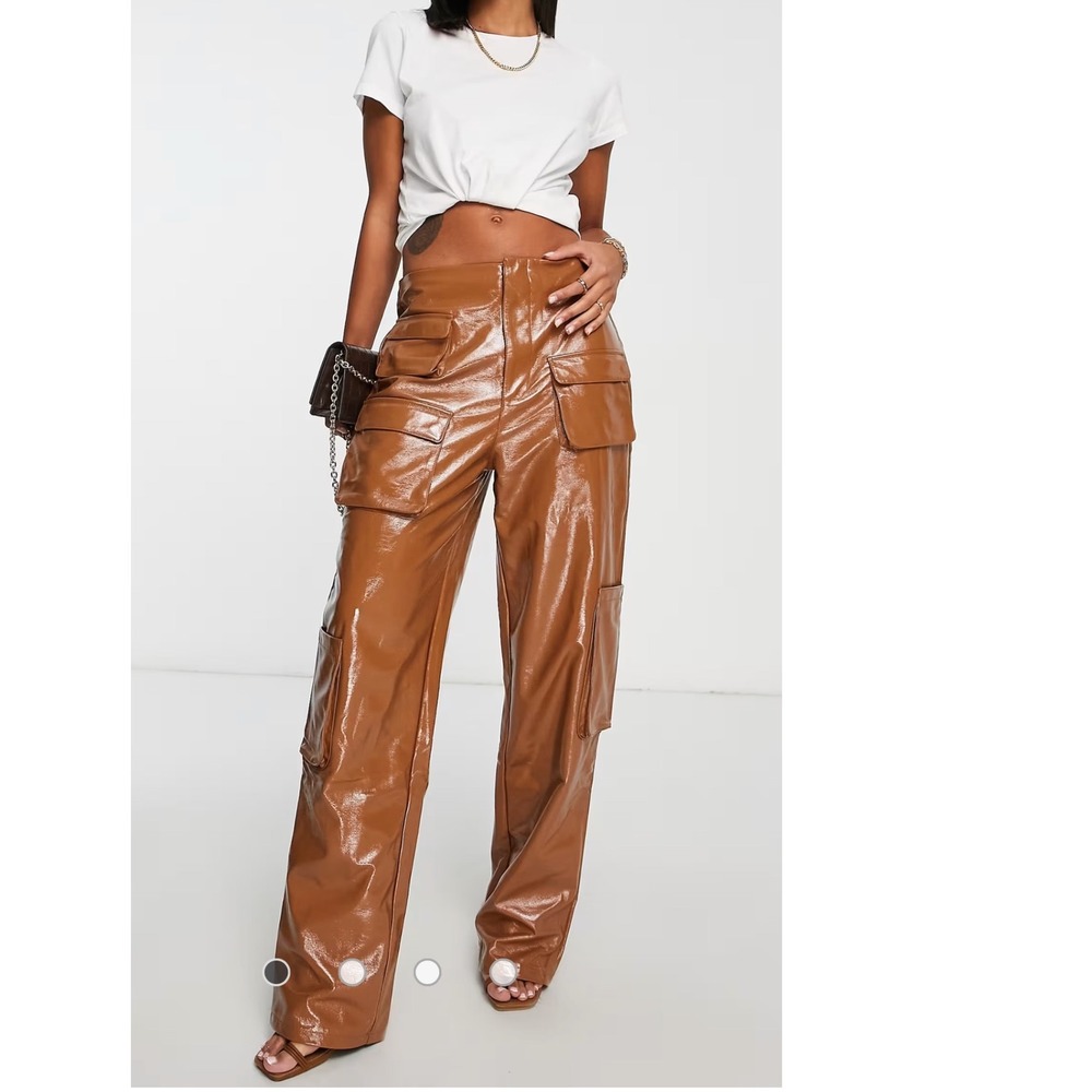 EXCELLENT CONDITION AFRM SIGMUND FAUX LEATHER CARGO PANTS IN CAMEL